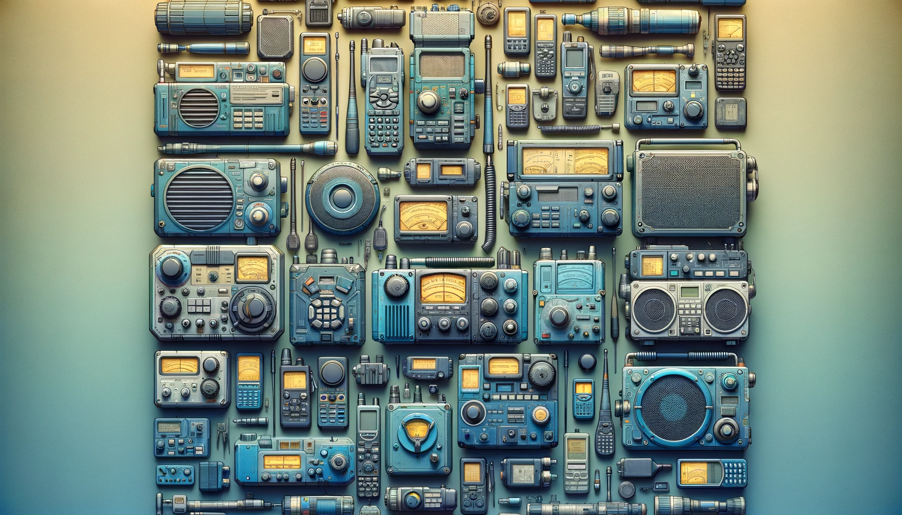 DALL·E 2024-03-06 15.42.40 - Generate an image of various radios and communication devices in a realistic style, using the cooler color palette of blues and greens instead of the