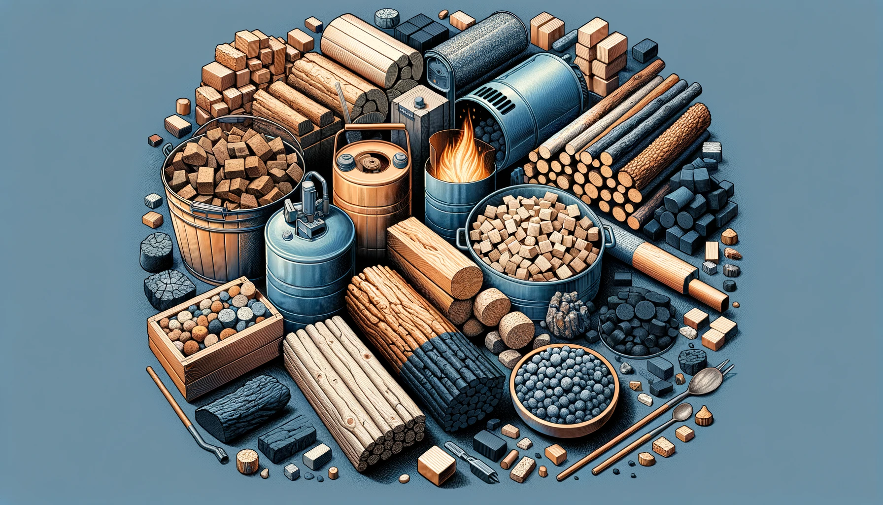 DALL·E 2024-03-06 15.59.19 - Generate an image of various fuel group items such as wooden briquettes, charcoal, logs, and wood pellets, arranged in a realistic style. Use a cooler